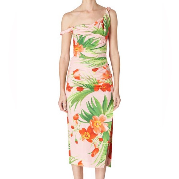 NWT $1890 Carolina Herrera Floral One-Shoulder Ruched Stretch Cotton Dress - 0! - Picture 2 of 6